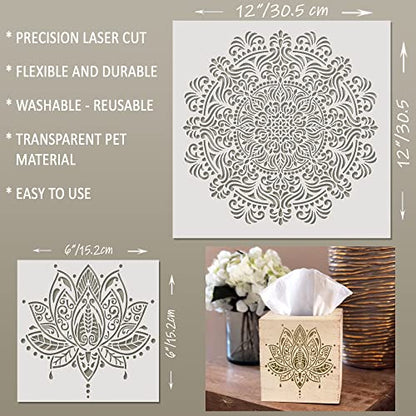 11 Pc Large Mandala Stencils for Painting - Stencils for Crafts Reusable for Floors, Tile & Wood - Rangoli Stencil -Wall Stencils for Painting Large Pattern - Paint Stencil Template 12 inch & 6 inch
