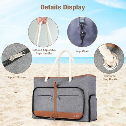 Beach Bag for Women - 35L Large Tote Bag, Waterproof & Sandproof, Zippered Carry On Bag for Pool, Beach & Travel - color: Grey
