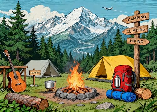 7x5FT Camping Backdrop Pine Tree Camping Equipment Bonfire Directional Sign Background for Outdoor Adventure Travel Holiday Themed Party Decoration Photo Shoot Props Vinyl - size: 7x5FT