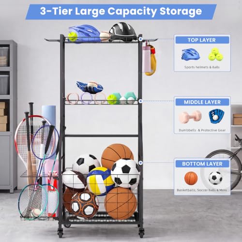 Garage Ball Storage Sports Equipment Organizer with Bat Rack