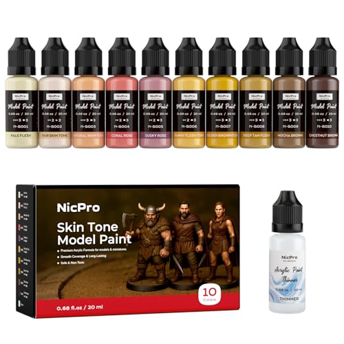 Nicpro 10 Colors Face & Skin Tones Model Paint Set, 20ml Ready to Use | Modeling Acrylic Paints, Brush & Airbrush, Miniature Paint Set for Beginners & Pro on Models, Figures, Busts, with 1 Thinner - style: Face & Skin Tones