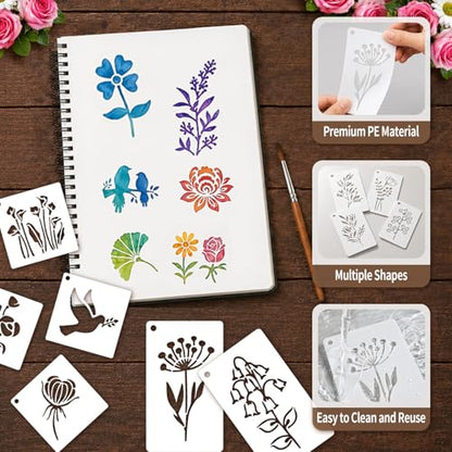 120Pcs Flower Stencils for Painting Reusable 3x6in with Ring Pouch | 2 Sizes Large Small, Wildflower Dragonfly Botanical Butterfly Stencils for DIY, Crafts, Wall, Fabric Art, Wood Signs