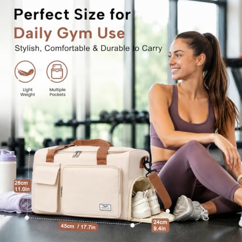 FIORETTO Women's Gym Duffle Bag with Shoes Compartment, 30L Capacity, Ideal for Travel, Gym, Sports, Duffel, Weekender - color: Beige& Brown, style: Gym Bag