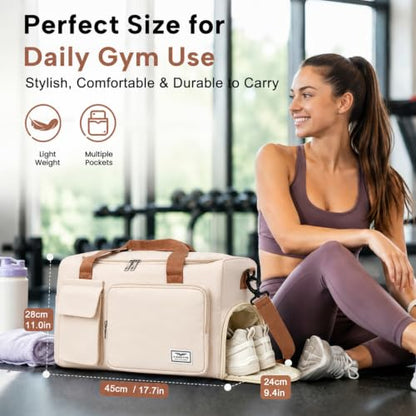 FIORETTO Women's Gym Duffle Bag with Shoes Compartment, 30L Capacity, Ideal for Travel, Gym, Sports, Duffel, Weekender - color: Beige& Brown, style: Gym Bag