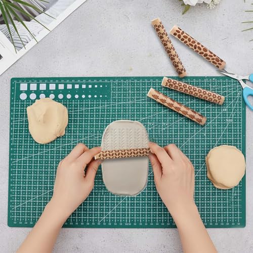 5 PCS Wooden Clay Texture Rollers Set, 100mm Pottery Pattern Rolling Pins with 10 Unique Designs, Ceramic and Polymer Clay Stamp Roller Tools for Studio Craft, Sculpting & Handmade Art Projects (B) - color: B