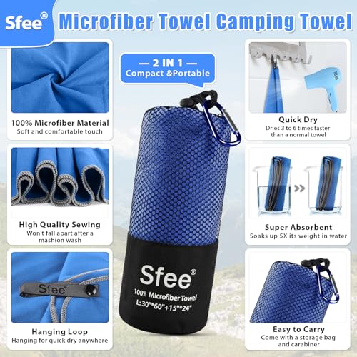 Sfee 2 Pack Microfiber Travel Towel, Quick Dry Beach CampingTowel Super Absorbent Compact Lightweight Sport Gym Towels for Beach, Gym, Hiking, Pool, Backpacking, Bath, Yoga - color: Dark Blue, size: L 60"x30"+24"x15"