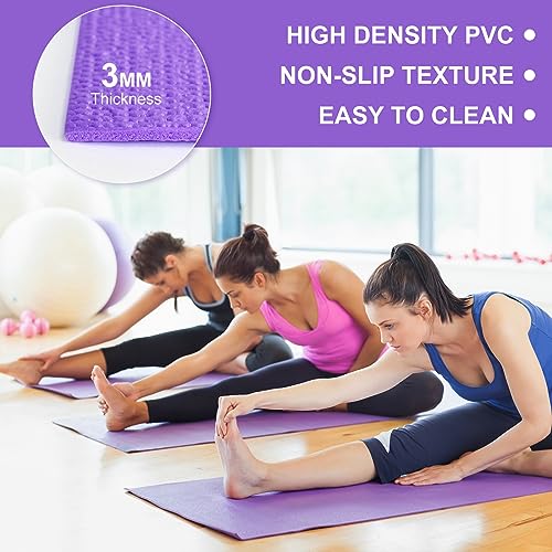 Funtery 3 mm Thin Yoga Mats Bulk, 68 x 24 Inches Lightweight PVC Exercise Mats Non Slip Workout Fitness Pads for Yoga Pilates Stretching Classes Gym Home Studio - color: Purple