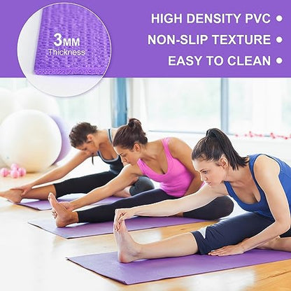 Funtery 3 mm Thin Yoga Mats Bulk, 68 x 24 Inches Lightweight PVC Exercise Mats Non Slip Workout Fitness Pads for Yoga Pilates Stretching Classes Gym Home Studio - color: Purple