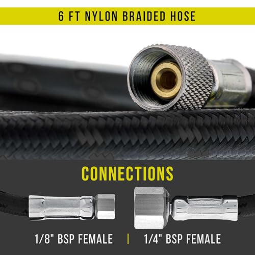 Master Airbrush Premium 6 Foot Nylon Braided Airbrush Hose | Standard 1/8" and Non-Standard 1/4" BSP Adapter Fitting Connectors (Please note one end is 1/4" fitting and is not standard) - size: 6' (1/8" & 1/4" Fittings)