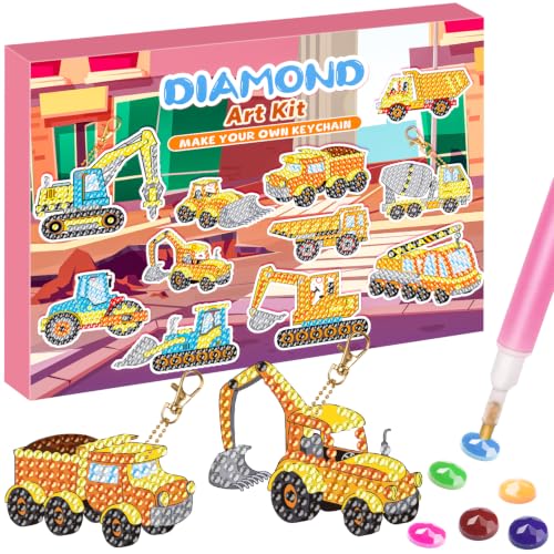 Labeol Arts and Crafts for Kids - Creat Your Own GEM Keychains-5D Diamond Painting by Numbers GEM Kits for Kids Girls Toddler Age 6-7 6-8 10-12 - style: Engineering Vehicles