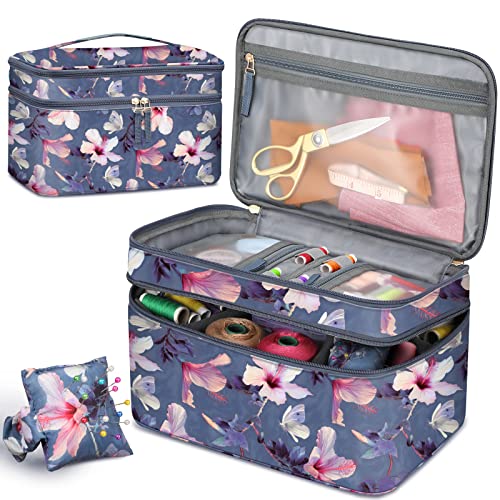 FINPAC Double-Layer Sewing Accessories Storage and Organizer Case Bag | Sewing Kits Carrying Bag with Wrist Pin Cushion for Threads, Needles, Embroidery Floss, Felting Kits, Blooming Hibiscus - color: Blooming Hibiscus