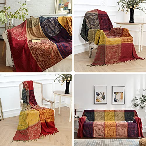 Boho Throw Blanket, Chenille Jacquard Tassels Throw Blankets for Bed Couch Soft Chair， Bohemian Fringe Tassels (Red, Large 86 * 102Inches) - color: Red, size: Large (86 x 102 in)