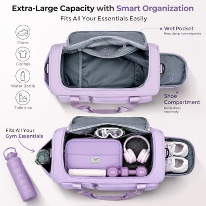 FIORETTO Women's Gym Duffle Bag with Shoes Compartment, 30L Capacity, Ideal for Travel, Gym, Sports, Duffel, Weekender - color: Lavender, style: Gym Bag With Toiletry Bag