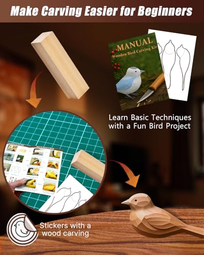 Wood Carving Hobby Kit for Adults & Teens, Beginner Whittling Craft Set | Comfort Bird Project, First-Time Practice, Step-by-Step Guide, Sharpening Tools, Finishing Supplies, Gift for Hobbyists - color: Brown(Bird Carving Kit)