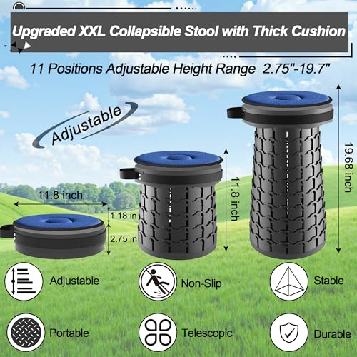 ALEVMOOM Upgraded XXL 19.7" Collapsible Stool with Cushion, Heavy Duty Portable Folding Stool Max Load 1000 lbs, Retractable Telescoping Foldable Seat Chair for Camping Fishing Travel - color: Black