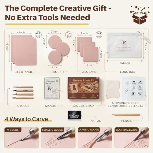 26-Piece Linocut kit for Family-with Tools, Paints,Linocut Block | Includes a Logo Storage Bag Perfect for Beginners, Family Craft Activities, Home DIY Projects & Creative Gift Making - color: kit-26