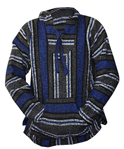 Del Mex Mexican Baja Hoodie Hippie Surf Poncho Sweater Sweatshirt Pullover Jerga - color: Blue/Charcoal, size: Medium