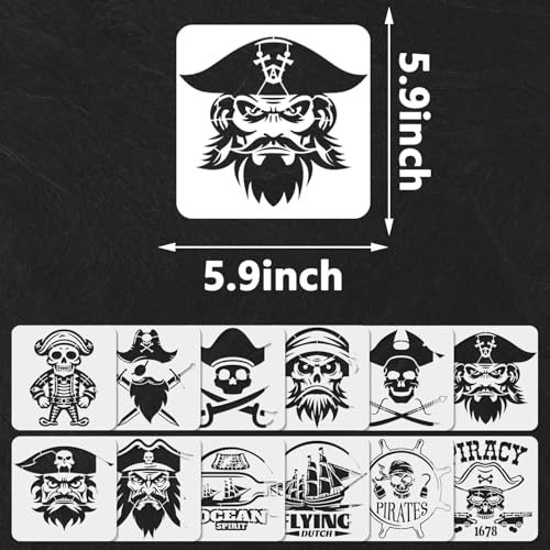YKW 12 Pcs Pirate Stencils Set, Reusable Nautical Theme Painting Templates, Skull Crossbones Ship Captain DIY Crafts, for Wood Walls Chalkboards Rocks,Ideal for Crafters,and Artists - style: Piracy