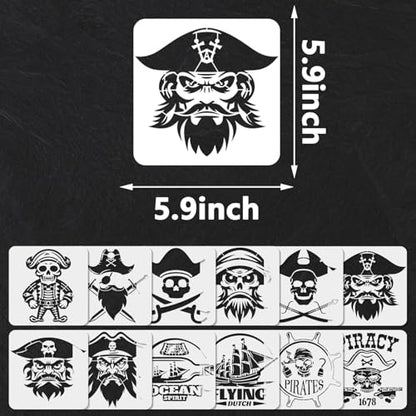 YKW 12 Pcs Pirate Stencils Set, Reusable Nautical Theme Painting Templates, Skull Crossbones Ship Captain DIY Crafts, for Wood Walls Chalkboards Rocks,Ideal for Crafters,and Artists - style: Piracy