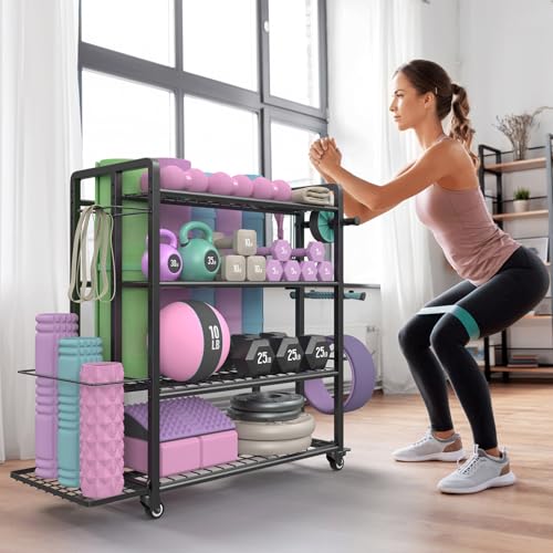 4-Tier Weight Rack for Home Gym with Wheels and Hooks | Adjustable Gym Storage Rack for Dumbbells Kettlebells Yoga Mat, All-in-One, Space Saving, Heavy Duty Steel, Easy to Assemble - size: Large Black
