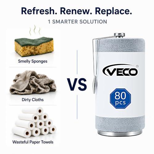 Veco Microfiber Cleaning Cloth Roll with Holder 80 PCS, 12" x 12" Gray - color: Gray-st