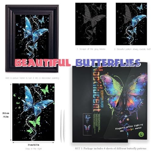 Scratch Paper Art for Adults Crafts, Glow in the Dark, A4/8 Sheets | Luminous Rainbow Scratchboard Art Kit, Calming Craft Activity for Adults Teens, Anxiety Relief Hobby, Creative Gift - style: Butterflies and Blue Whales