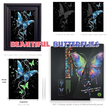 Scratch Paper Art for Adults Crafts, Glow in the Dark, A4/8 Sheets | Luminous Rainbow Scratchboard Art Kit, Calming Craft Activity for Adults Teens, Anxiety Relief Hobby, Creative Gift - style: Butterflies and Blue Whales