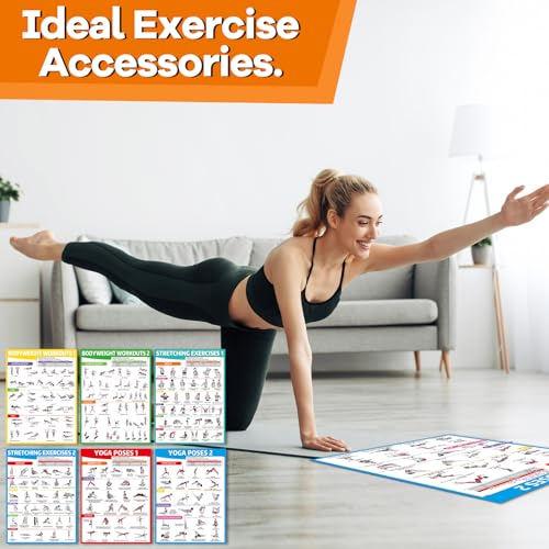 gisgfim 6PCS Workout Posters for Home Gym-Yoga Poses, Stretching and Bodyweight Exercise Charts Yoga Positions Poster Full Body Laminated Fitness Training Guide for Beginners Garage Wall Decor
