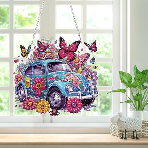 Car Diamond Art Hanging Kits for Adults, Diamond Art Suncatchers Flowers, 5D Special Shape Diamond Painting Butterfly Pendant Window Ornament Gifts for Home Wall Garden Door Decor - color: Car, Flowers, Butterfly