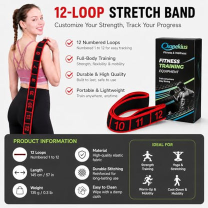 Resistance Exercise Bands, 12-Loop Stretch Strap for Yoga, Leg Exercise, Lower Back Stretch, Stretching, Gym and Home Workout