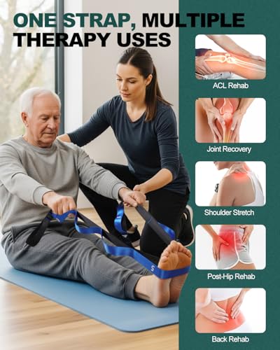Trideer Non-Elastic Stretching Strap with Loops for Physical Therapy & Rehab, Knee Hip Leg ROM Post-Surgery, Yoga Strap for Stretching, Leg Lifter Strap Mobility Aid, Hamstring Calf Back - color: Blue/75"x1"