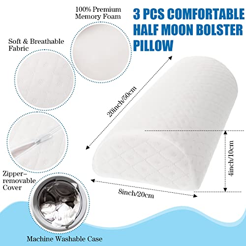 Maitys 3 Pcs Half Moon Bolster Pillow for Legs Memory Foam Leg Pillows for Sleeping Knee Neck Lumbar Support Back and Head Semi Roll for Ankle, Foot Comfort, Pregnant, Recovery, Washable Cover