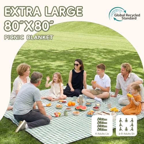 Genovega Waterproof Picnic Blanket Beach Outdoor Camping Mat Rug Extra Large Foldable Cute Big Travel Essential Accessories Gift Park Patio Lawn Garden Grass Play Music Festival Concert Must Have - color: Checkered Green