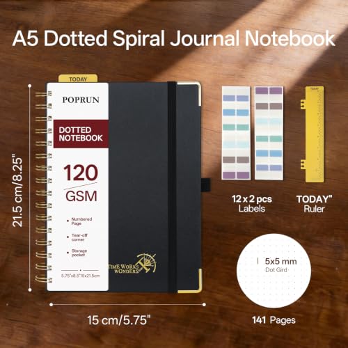 POPRUN A5 Dotted Spiral Notebook 120GSM Hardcover Journal, Black | 5.75'' x 8.25'' Bullet Dot Grid Journals for Women Men, 141 Pages Dotted Notebooks for Journaling, Drawing, Writing - color: Black, size: 5.75 x 8.25 inches