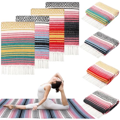 Oudain 4 Pcs Mexican Blankets Bulk Handwoven Mexican Yoga Blanket Towel Colorful Falsa Serape Woven Throw Blanket Boho Beach Blankets for Outdoor Camping Beach Picnic Travel Home (Light Colors) - color: Light Colors