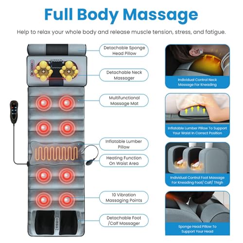 KOCASO Full Body Massage Mat with Heat, Electric Heated Massage Pad Cushion - size: 76x20x6 in