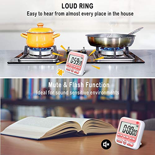 4-in-1 Digital Timer with Count Up/Down, Clock & Alarm, Ring & Silent Modes - color: Pink