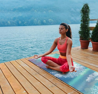 nuveti Printed Travel Yoga Mat 1/16 Inch Thick Non Slip Fitness Workout Mat | with Carrying Bag, Foldable Lightweight Suede & Natural Rubber Yoga Mat for Yoga Pilates and Fitness 72" L x 24" W x 1.5mm - color: RuiQiXiangYun