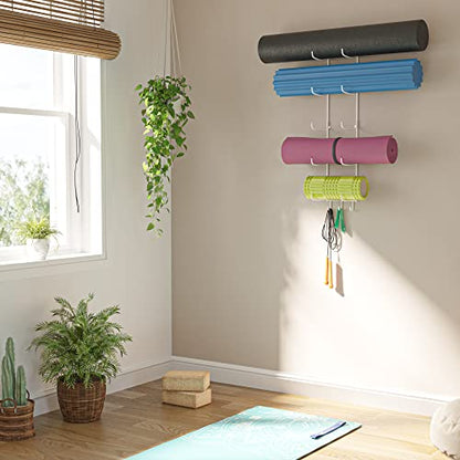 Wallniture Guru Yoga Mat Holder Wall Mount with 3 Hooks for Hanging Yoga Strap, Resistance Bands, 5-Sectional Metal - color: White, size: 31.5'' H | 5 Sectional