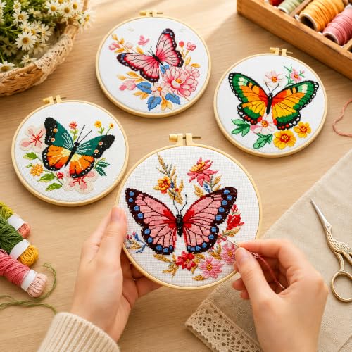 Zhenqing 4 Butterfly Floral Cross Stitch Kit, 11CT Printed Fabric with Hoop | 4 butterfly floral designs with 11CT printed fabric, floss, one hoop, tools and English guides. - color: 4 Butterfly Kit