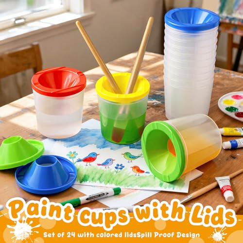 No Spill Paint Cups, 24pcs Paint Cups with Lids for Kids Suitable for Kids Paint, Spill Proof Paint Cups are Ideal for Classroom Art Supplies and Crafts, Durable Paint Cups with Lids(4 Colors)