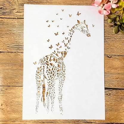 TIAMECH A4 Reusable Giraffe Stencil for Painting | Butterflies Layering Template, DIY Wall Art, Wood Furniture, Scrapbook & Crafts (8.3x11.7inch) - style: Giraffe Butterflies
