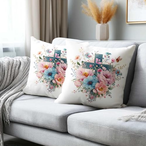Floral Cross Throw Pillow Covers 18x18 Set of 2 | Christian Faith Decorative Cushion Covers | Pink Blue Floral Pillowcases for Sofa Couch Bed Living Room Bedroom Home Decor - color: Cross Floral