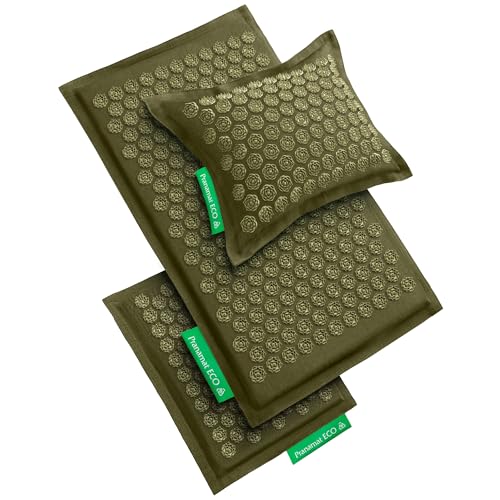 Pranamat Acupressure Large & Small Mat with Pillow Set, Premium Acupressure Therapy for Pain Relief and Relaxation, Handcrafted in Europe with Sustainable and Natural Materials (Olive) - color: Olive