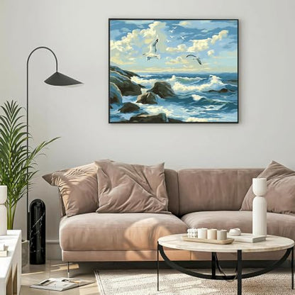 Natuyalo Paint by Numbers for Adults - DIY Adult Paint by Number Kits Painting on Canvas Flying Seagull Painting by Numbers for Beginners, Sea Wave Art Craft Kits for Adults (16x20 Inch) - color: ART-07
