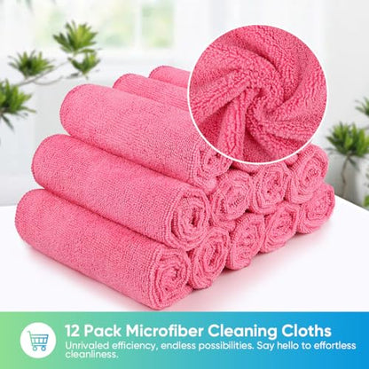 HOMEXCEL Pink Microfiber Cleaning Cloth, Microfiber Towels for Car, 12 Pack | Lint Free Cleaning Rags for Household, Kitchen, Car Wash Towels for Detailing Drying, Scratch-Free, 11.5"X 11.5" - color: Pink