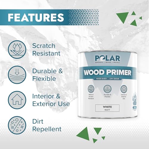 Polar Wood Primer - 33 Fl Oz - Matte White Finish - Water-Based Primer Paint for Interior & Exterior Wood Surfaces & Painted Surfaces - Strong Weather-Resistant Adhesion - Roller & Brush-On - size: 33 Fl Oz (Pack of 1)
