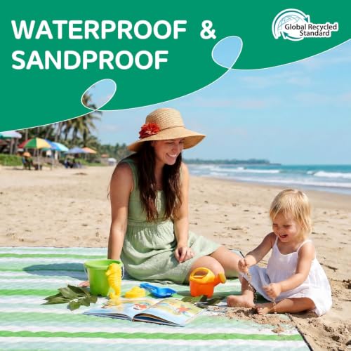 RYCHIC Waterproof Picnic Blanket Beach Mat Outdoor Outside Carpet Thick Rug Towel Kids Activity Playmat Oversized Cute Match Table Bag Set Ground Cover Park Lawn Summer Vacation Essential - color: Multi Green