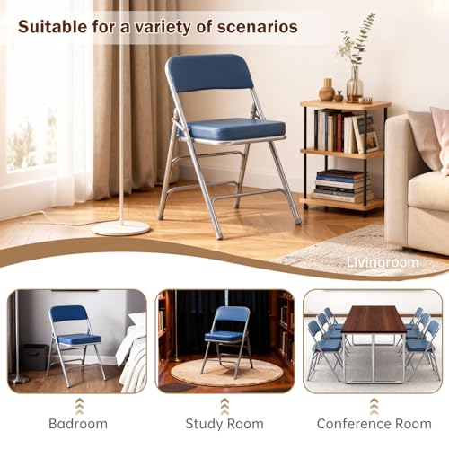 Padded Folding Chair Indoor Metal Frame Foldable Chair Blue | Comfortable Thick Vinyl Cushion Seat Durable Elegant Upholstered Single Chair for Small Space Home, Office and Events - color: Blue