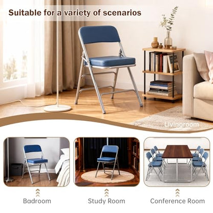 Padded Folding Chair Indoor Metal Frame Foldable Chair Blue | Comfortable Thick Vinyl Cushion Seat Durable Elegant Upholstered Single Chair for Small Space Home, Office and Events - color: Blue